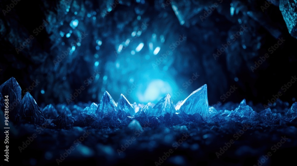 Obraz premium A glowing crystal cave with shimmering walls, mysterious and magical, fantasy glowtime, exploration of hidden realms