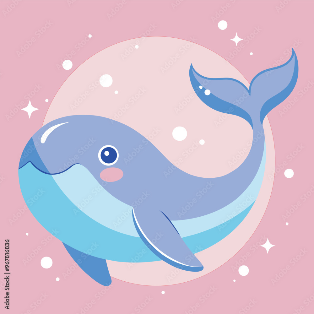 Obraz premium Cute little blue whale, bright smile, pastel color, light pink color background with bubbles.