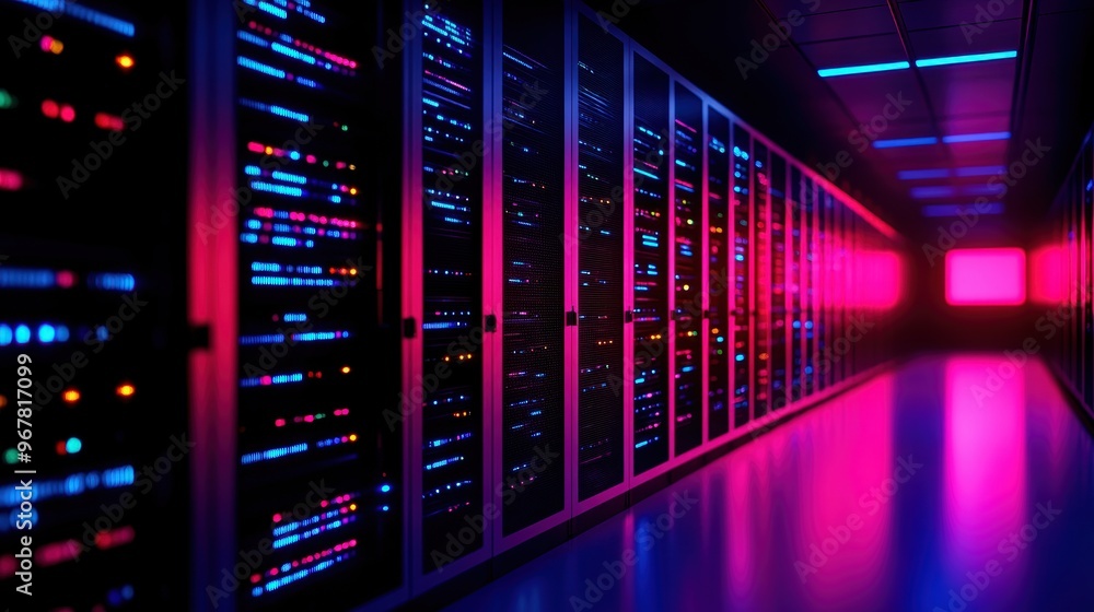 A vibrant server room illuminated with colorful lights, showcasing advanced technology and modern digital infrastructure. A vibrant server room illuminated with colorful lights, showcasing advanced technology and modern digital infrastructure.