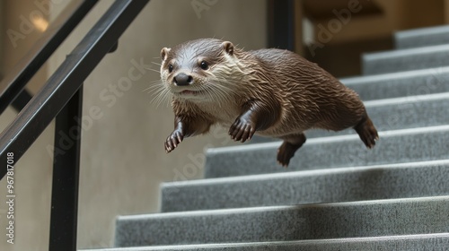 A playful office otter gliding down the stairwell banister, their aquatic grace and boundless energy enlivening the office atmosphere photo