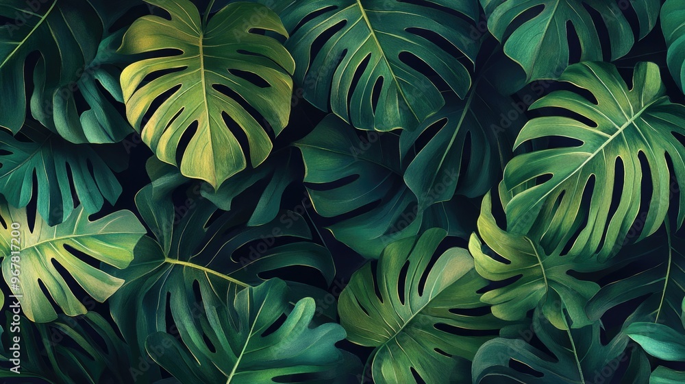 A seamless tropical leaf pattern with vibrant green leaves on a dark background, ideal for summer-themed designs A seamless tropical leaf pattern with vibrant green leaves on a dark background, ideal for summer-themed designs