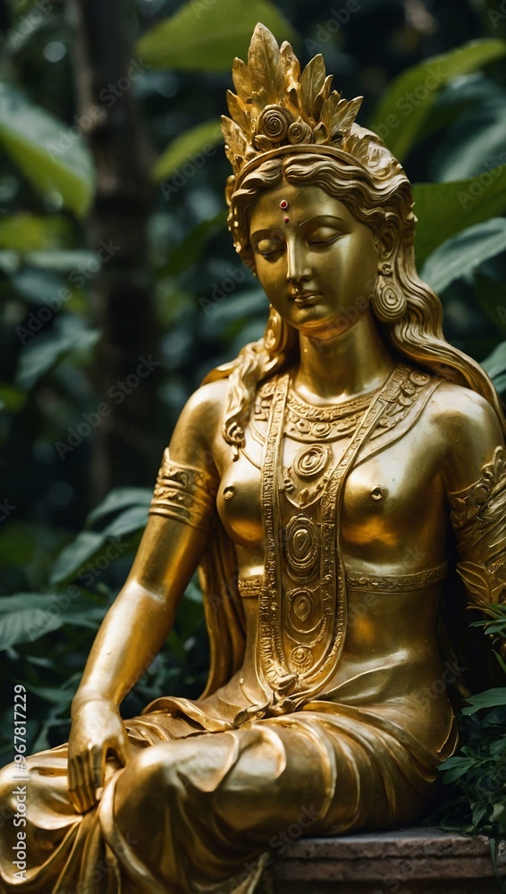 A serene golden statue of a goddess, surrounded by lush greenery, symbolizing peace. A serene golden statue of a goddess, surrounded by lush greenery, symbolizing peace.