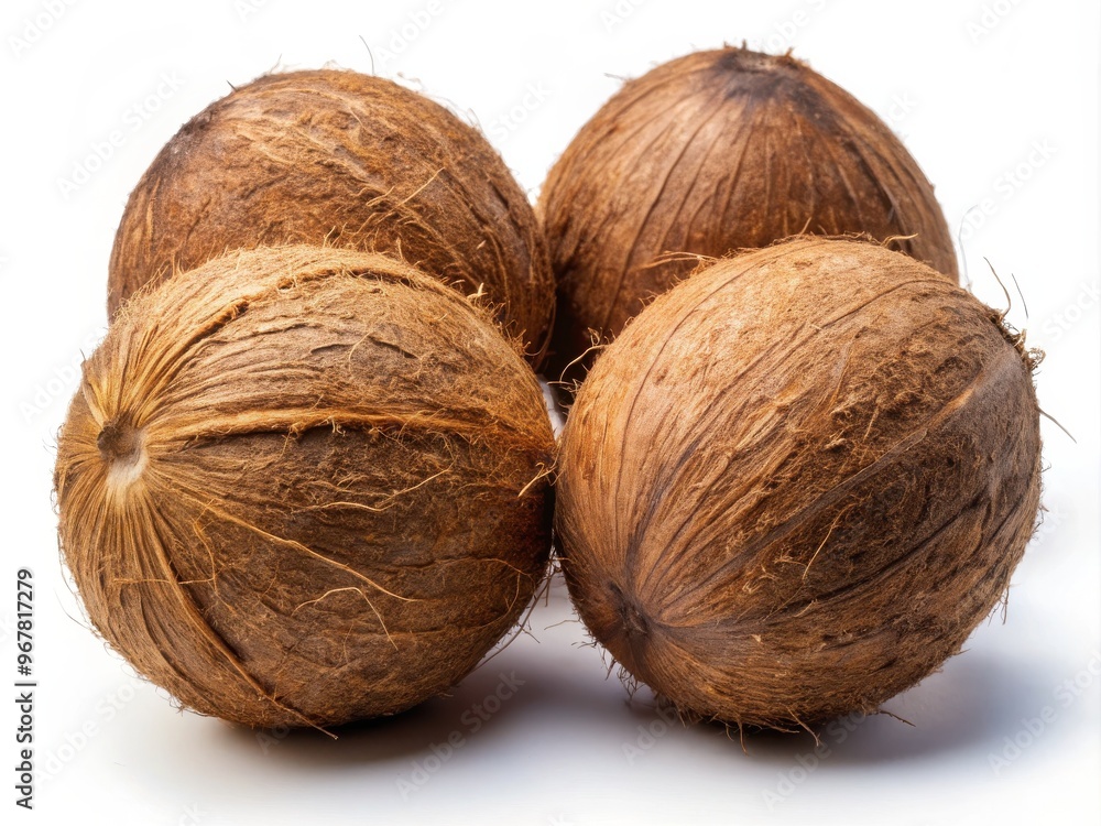 Group of four whole coconuts on white Group of four whole coconuts on white