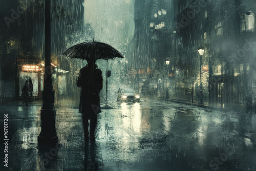 A rainy street scene features solitary pedestrian holding an umbrella, surrounded by moody urban atmosphere. reflections on wet pavement enhance emotional depth of moment