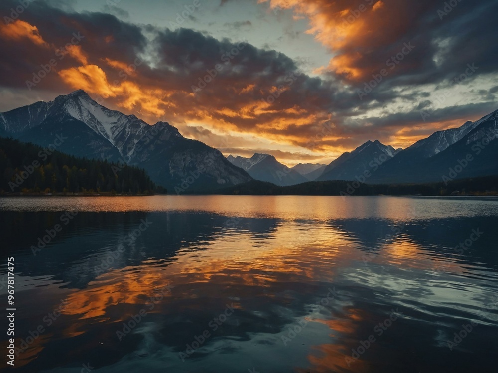 A serene sunset on a lake, with reflections of majestic mountains and dramatic clouds. A serene sunset on a lake, with reflections of majestic mountains and dramatic clouds.