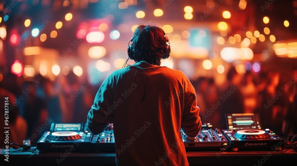 A DJ performing at a lively event, surrounded by a vibrant crowd and colorful lights. A DJ performing at a lively event, surrounded by a vibrant crowd and colorful lights.