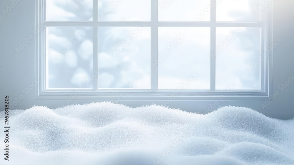 Fototapeta premium Frost-covered windowpane, with snow outside, 3D illustration, copy space for text,