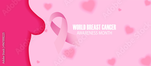 Pink ribbon concept, October is breast cancer awareness month. World preventive health care initiative. International women's day and world day of fight against cancer. Flyer, banner design template