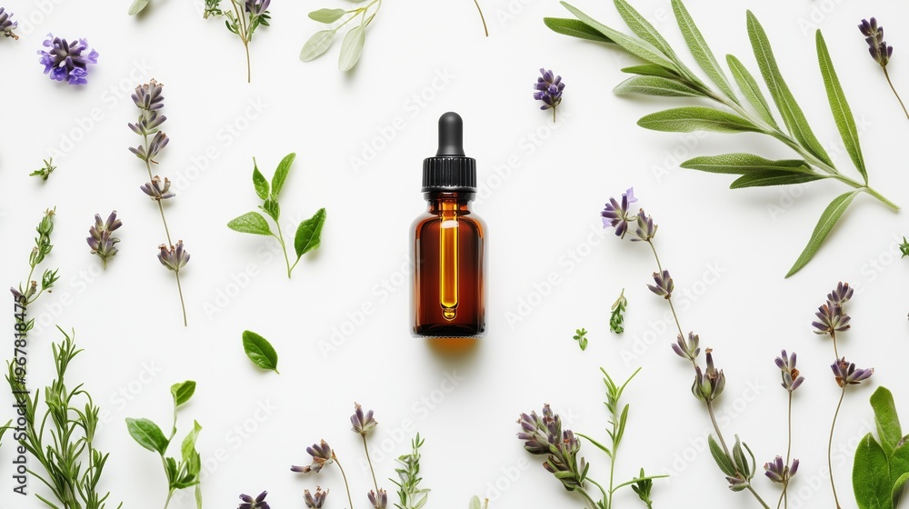 A bottle of essential oil is poured into a glass bottle. The bottle is placed on a table next to a bunch of purple flowers A bottle of essential oil is poured into a glass bottle. The bottle is placed on a table next to a bunch of purple flowers
