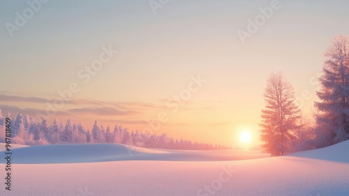 Frosty morning, with a sun rising over snowy fields, 3D illustration, copy space for text,