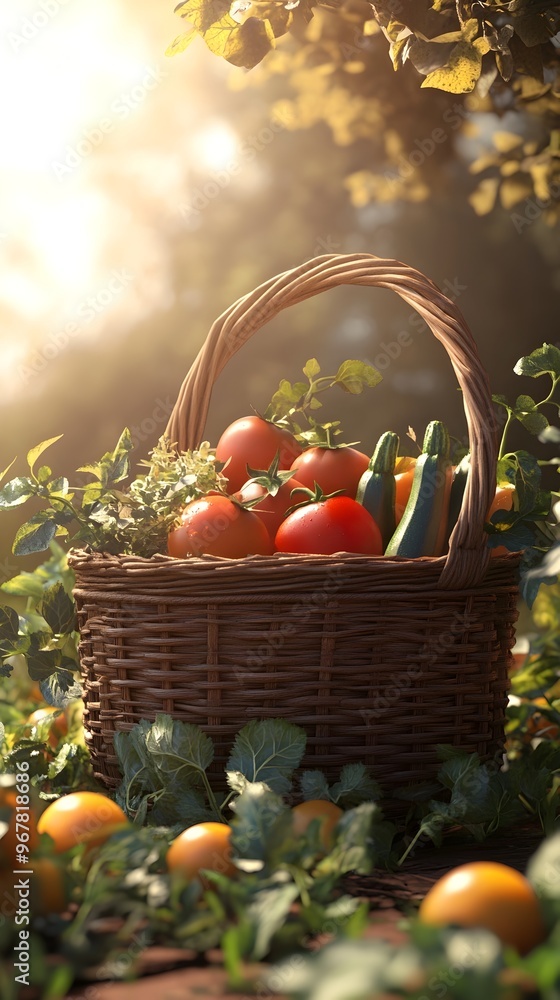 Wicker Harvest Basket Laden with Fresh Produce in Autumn Countryside Landscape Wicker Harvest Basket Laden with Fresh Produce in Autumn Countryside Landscape