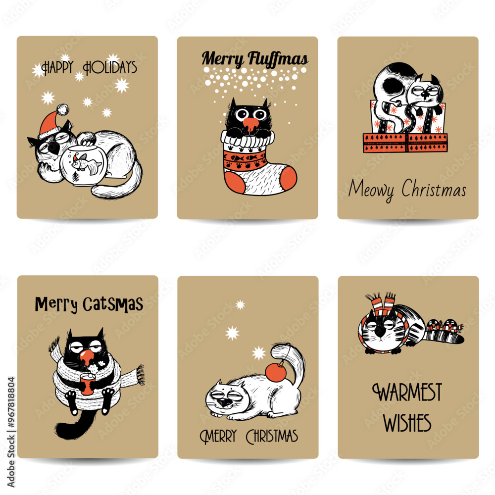Fototapeta premium Christmas vector set of funny cats
