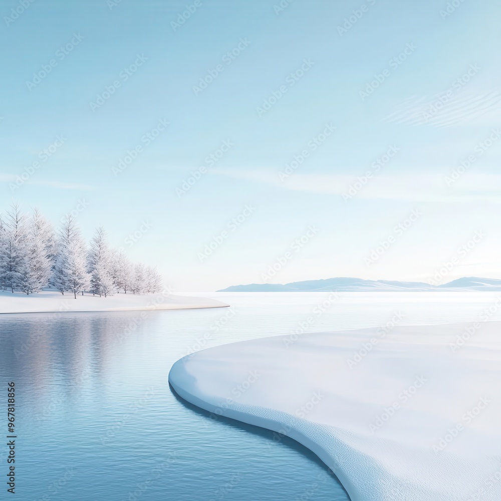 Frozen lake, with a dusting of snow, 3D illustration, copy space for text, Frozen lake, with a dusting of snow, 3D illustration, copy space for text,