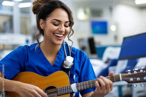 A patient enjoying a music therapy session, with a caregiver playing calming music to reduce stress and improve emotional well-being photo