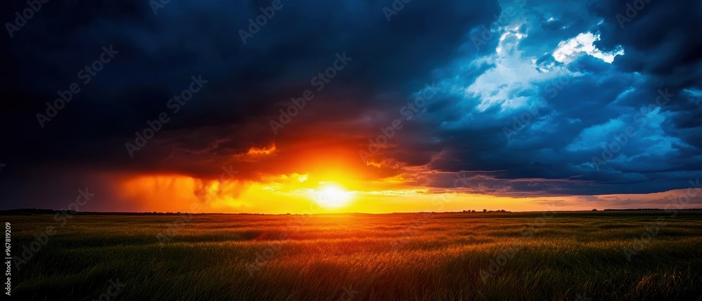 Sun setting behind a line of thunderstorms on the horizon, dramatic weather, contrast of light and dark Sun setting behind a line of thunderstorms on the horizon, dramatic weather, contrast of light and dark