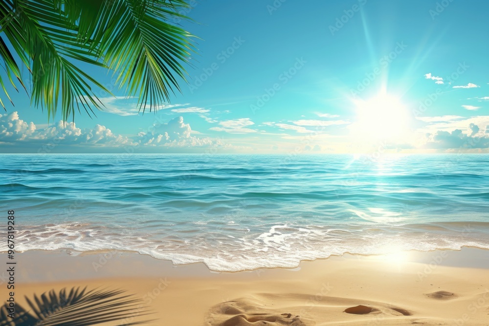 A serene tropical beach scene with palm trees, the sun setting over the horizon, and calm waves lapping at the shore. A serene tropical beach scene with palm trees, the sun setting over the horizon, and calm waves lapping at the shore.