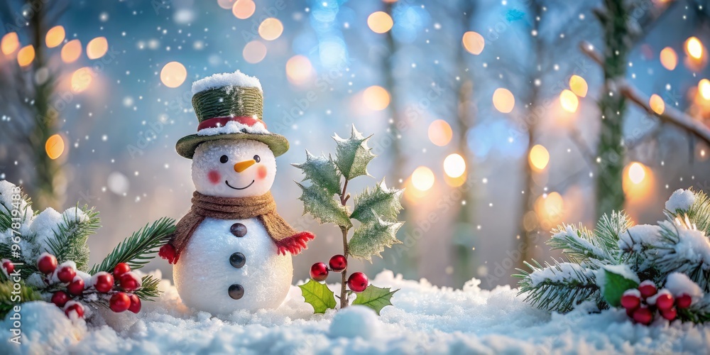 Frosted winter wonderland scene featuring a cheerful snowman adorned with holly and berries, set against a serene snowy Frosted winter wonderland scene featuring a cheerful snowman adorned with holly and berries, set against a serene snowy