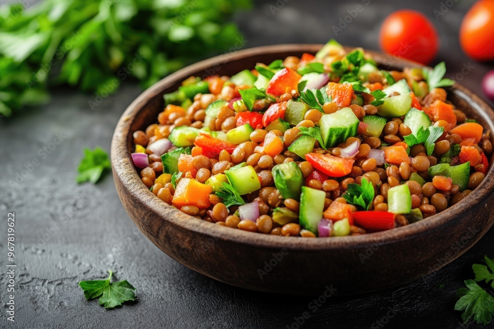 A fresh vegetarian salad with lentils and a variety of colorful vegetables like tomato, cucumber, and onion. A fresh vegetarian salad with lentils and a variety of colorful vegetables like tomato, cucumber, and onion.