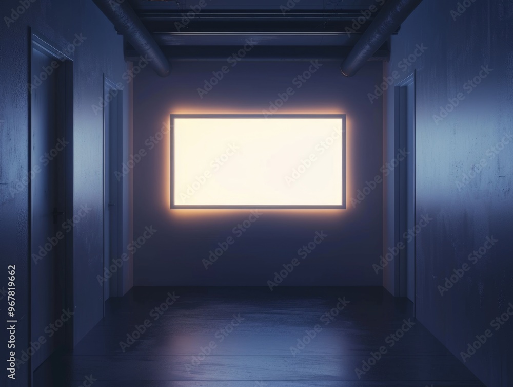 An empty hallway with a brightly lit window and recessed lighting. The space is clean and minimalistic, evoking an abstract industrial atmosphere. An empty hallway with a brightly lit window and recessed lighting. The space is clean and minimalistic, evoking an abstract industrial atmosphere.