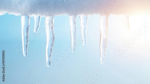 Icicles hanging from rooftops, glistening in sunlight, 3D illustration, copy space for text,