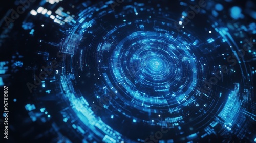 Blue-themed futuristic screen with space technology and a depth of field background