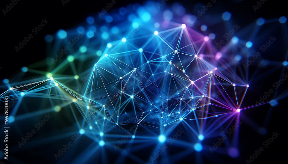 Abstract geometric design featuring a network of illuminated translucent lines forming interconnected shapes. The vibrant hues of blue purple and green create a dynamic glow against a dark background Abstract geometric design featuring a network of illuminated translucent lines forming interconnected shapes. The vibrant hues of blue purple and green create a dynamic glow against a dark background