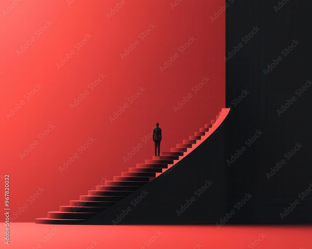 A person standing at the base of a fluctuating financial graph that twists like a staircase, symbolizing growth strategies, Illustration, Bright tones A person standing at the base of a fluctuating financial graph that twists like a staircase, symbolizing growth strategies, Illustration, Bright tones
