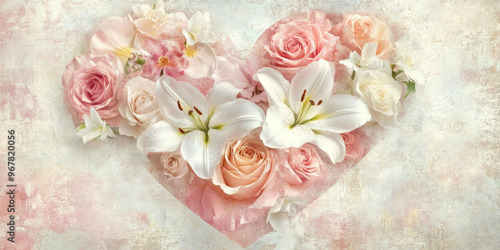 A romantic heart-shaped floral pattern made of roses and lilies in soft pink and white, set against a textured watercolor background. A romantic heart-shaped floral pattern made of roses and lilies in soft pink and white, set against a textured watercolor background.