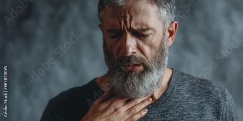 Man with full beard showing deep sadness or concern on his face, with eyes looking upward as if to seek a solution. Indoor setting with gray background.