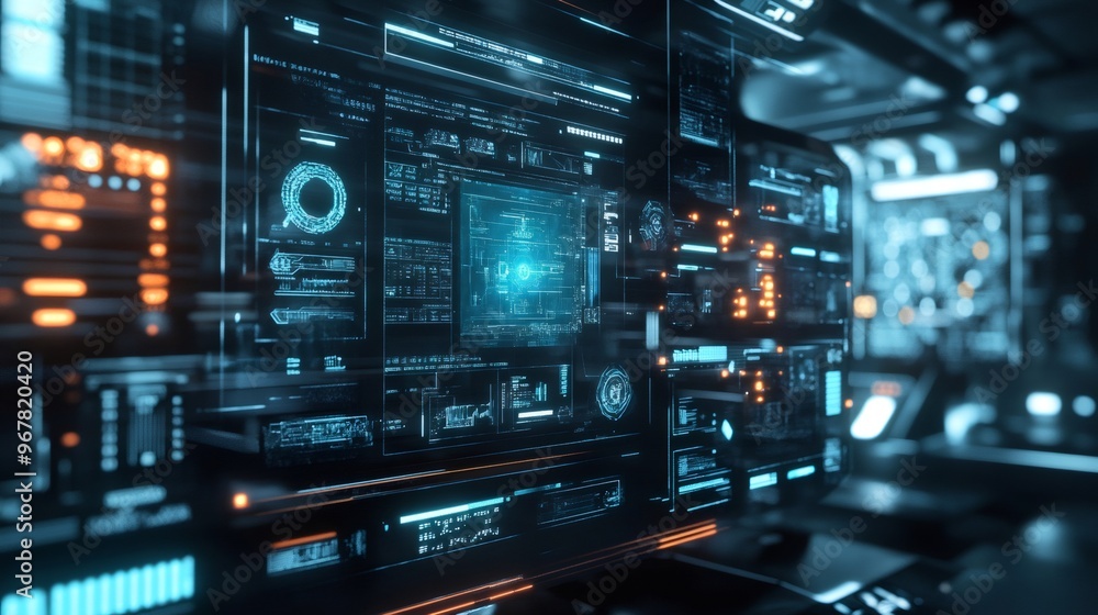 Futuristic digital interface with a blue and orange color scheme, displaying various data on a computer screen. Futuristic digital interface with a blue and orange color scheme, displaying various data on a computer screen.