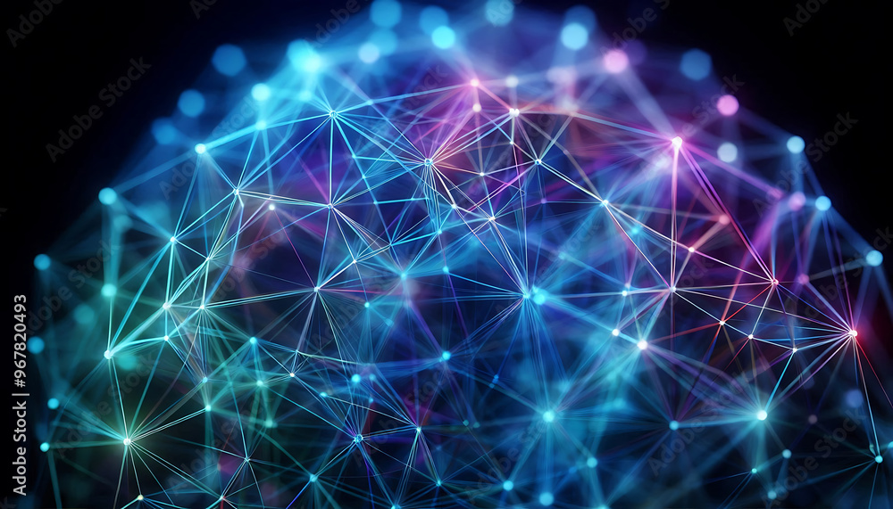 Abstract geometric design featuring a network of illuminated translucent lines forming interconnected shapes. The vibrant hues of blue purple and green create a dynamic glow against a dark background Abstract geometric design featuring a network of illuminated translucent lines forming interconnected shapes. The vibrant hues of blue purple and green create a dynamic glow against a dark background