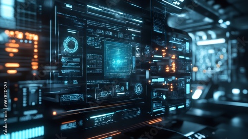 Wallpaper Mural Futuristic digital interface with a blue and orange color scheme, displaying various data on a computer screen. Torontodigital.ca