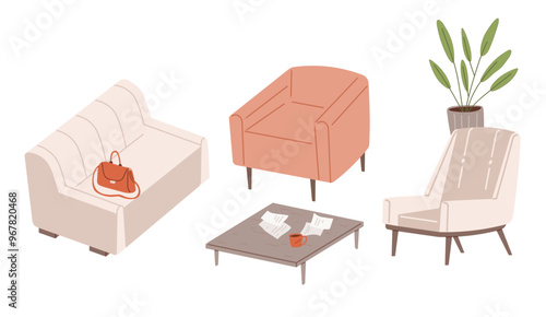 Design of modern empty office working place desk, chair, plants in pot. Coworking space interior scenes set. Workplace of employees, open office. Work table with interior elements
