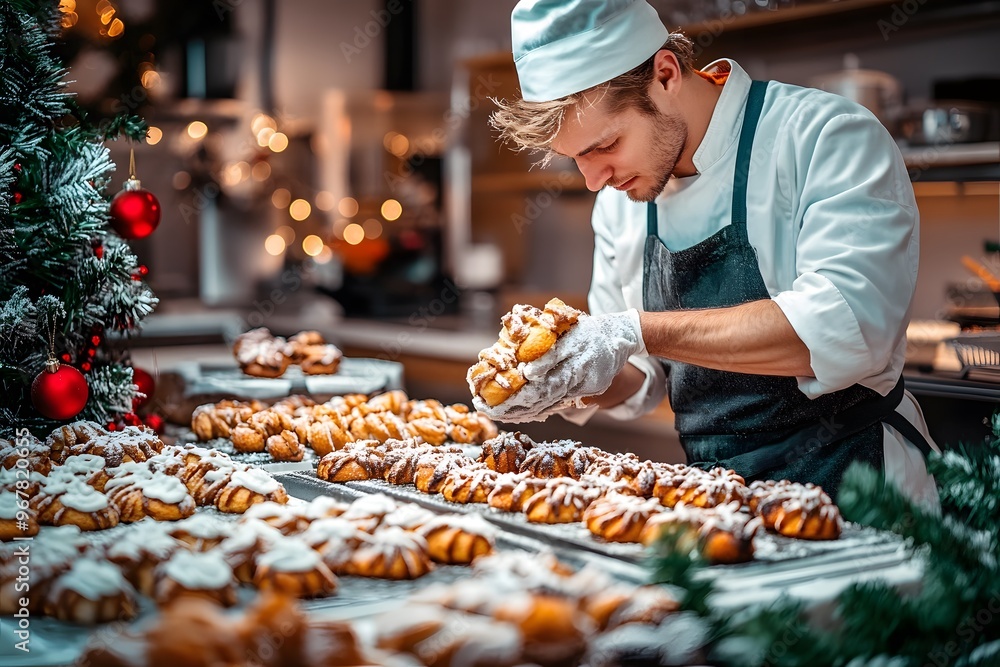 A baker carefully arranges freshly baked pastries dusted with powdered sugar for the holidays. A baker carefully arranges freshly baked pastries dusted with powdered sugar for the holidays.