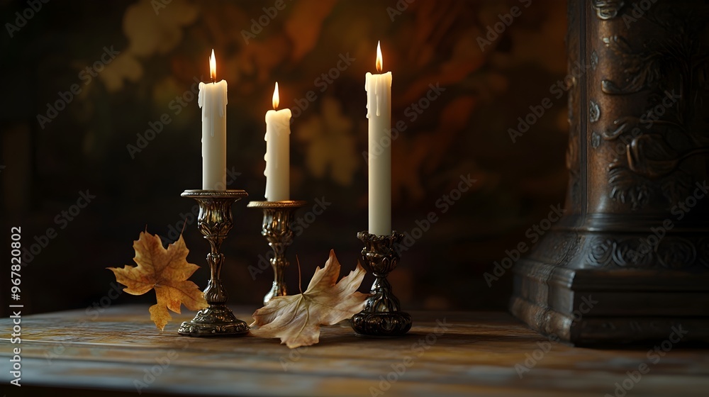 Ornate Autumn Candle Holders with Delicate Leaf Accents and Chiaroscuro Lighting