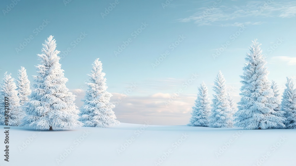 Snow-covered pine trees, serene winter forest, 3D illustration, copy space for text, Snow-covered pine trees, serene winter forest, 3D illustration, copy space for text,