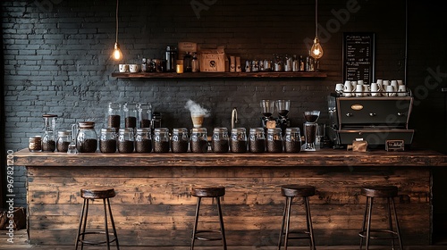 A coffee shop bar with rustic wooden counters, glass jars filled with dark coffee beans, steaming espresso cups lined up, bar stools tucked in neatly,