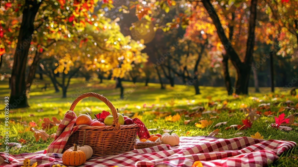 A picnic basket sits on a red checkered blanket in a picturesque autumn forest with golden leaves. A picnic basket sits on a red checkered blanket in a picturesque autumn forest with golden leaves.