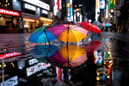 A rainy evening in Osaka, with reflections of colorful streetlights and umbrellas dotting the wet streets, creating a cozy urban atmosphere