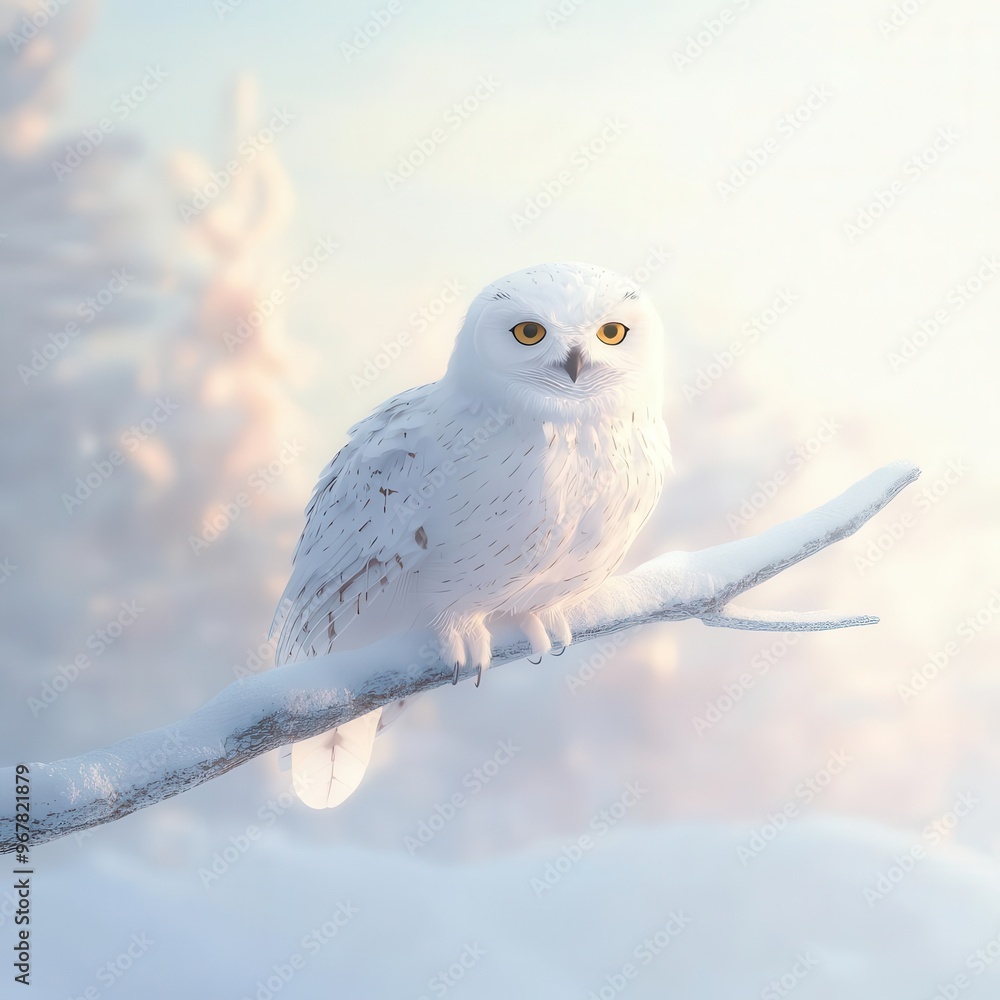 Snowy owl, perched on a frosty branch, 3D illustration, copy space for text, Snowy owl, perched on a frosty branch, 3D illustration, copy space for text,