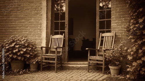 Generative AI, Sepia Tone Quiet Courtyard with Wooden Chairs and Plants: A Peaceful and Rustic Scene of Simplicity and Tranquility