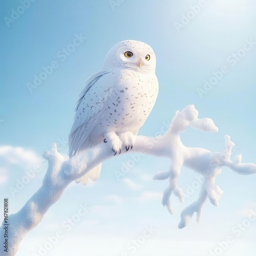 Snowy owl, perched on a frosty branch, 3D illustration, copy space for text, photo