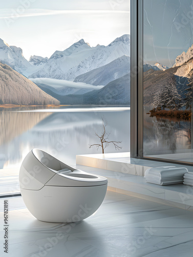 The bathroom is elegantly designed, with a modern smart toilet offering stunning views of snowcapped mountains and a tranquil lake, creating a luxurious blend of nature and sophistication photo