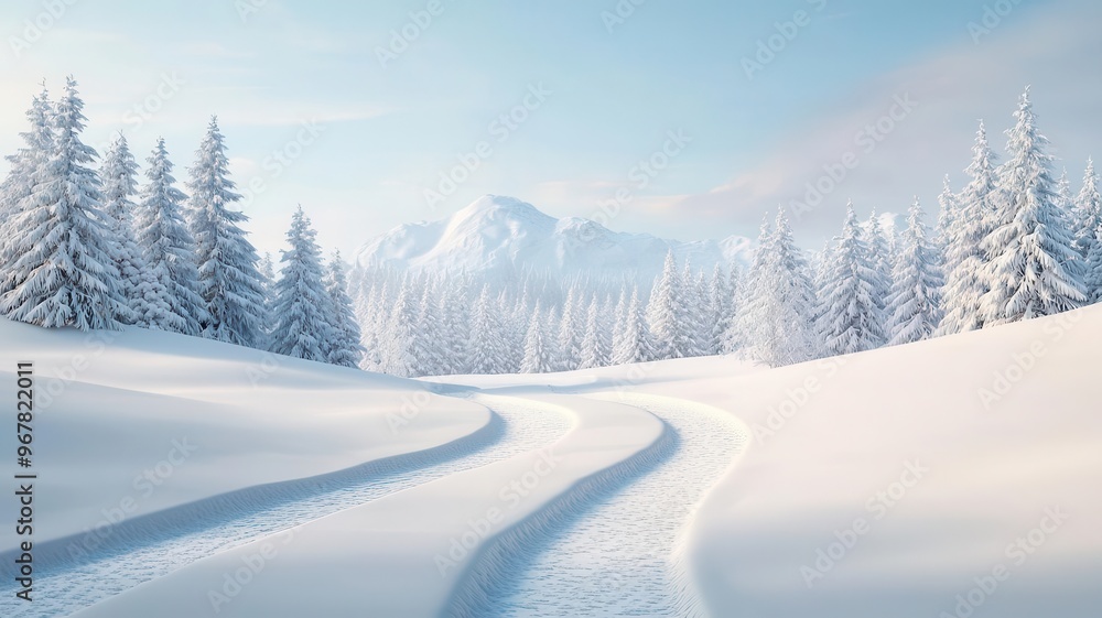 Fototapeta premium Snowy path, leading through a wintery forest, 3D illustration, copy space for text,