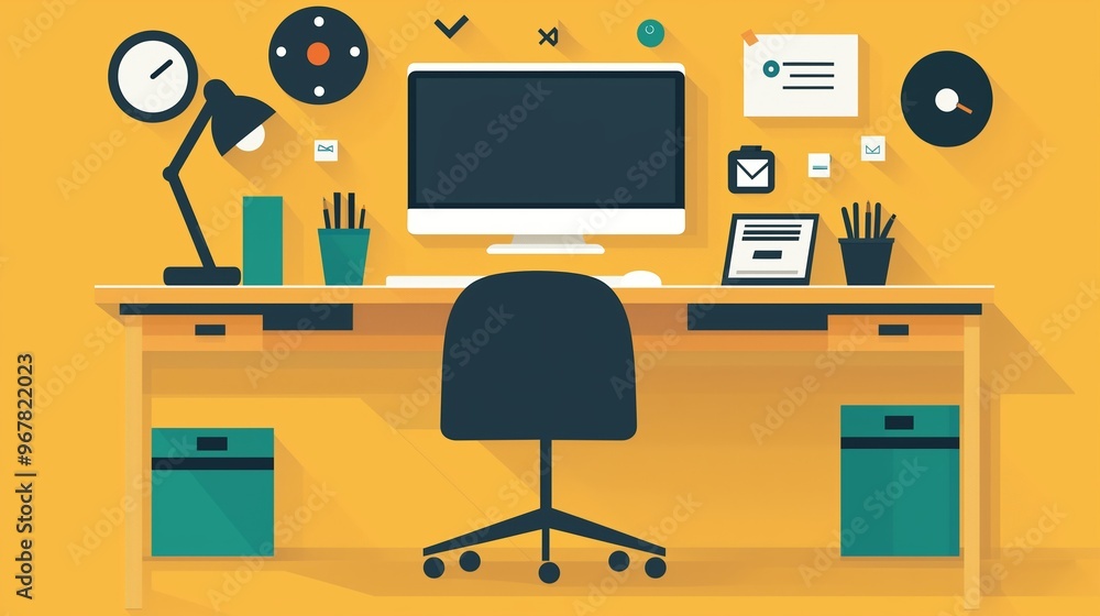 A flat design illustration of a home office setup featuring a computer, desk, lamp, and various virtual communication icons on a yellow background A flat design illustration of a home office setup featuring a computer, desk, lamp, and various virtual communication icons on a yellow background