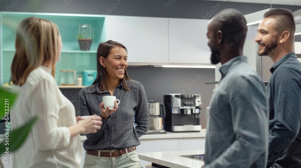 Obraz premium A group of people are standing in a kitchen, smiling and holding cups