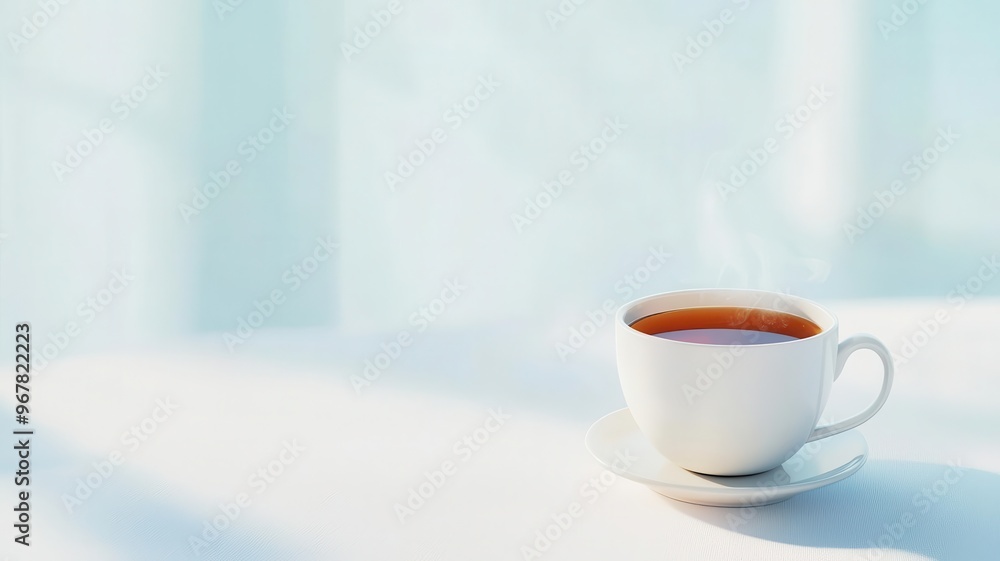 Warm cup of tea, with steam rising, winter theme, 3D illustration, copy space for text, Warm cup of tea, with steam rising, winter theme, 3D illustration, copy space for text,