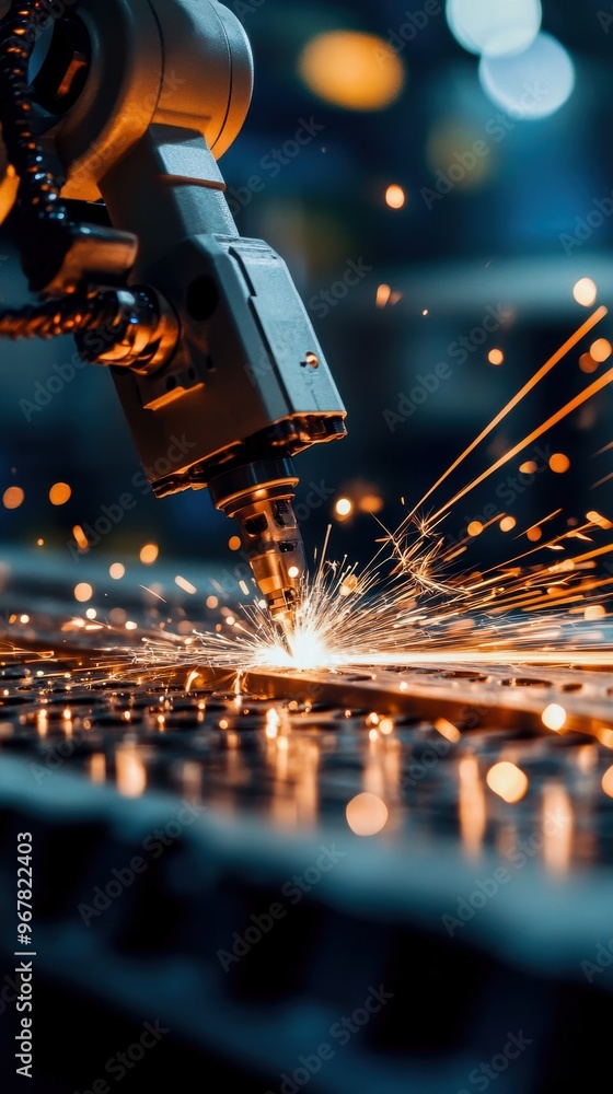 A close-up of an industrial robotic arm performing welding, creating bright sparks in a factory setting. A close-up of an industrial robotic arm performing welding, creating bright sparks in a factory setting.