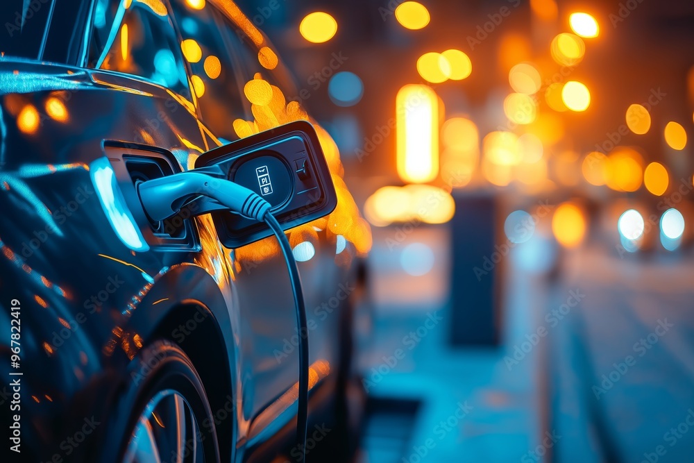 Close-up of an electric vehicle charging port with a blurred cityscape and lights in the background, emphasizing zero emissions Close-up of an electric vehicle charging port with a blurred cityscape and lights in the background, emphasizing zero emissions