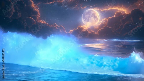 slow motion big wave glowing with blue light crashing on shore at nighttime under full moon light